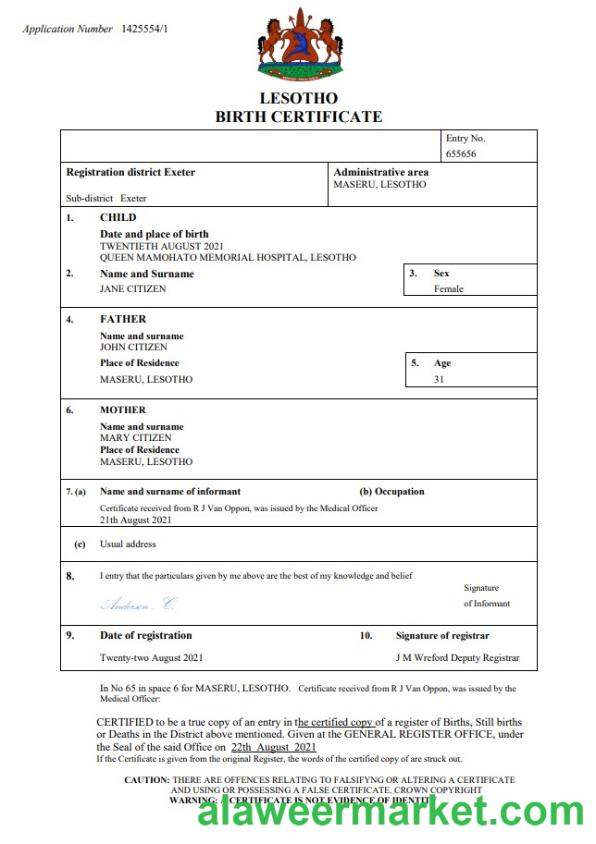 Lesotho birth certificate Word and PDF template